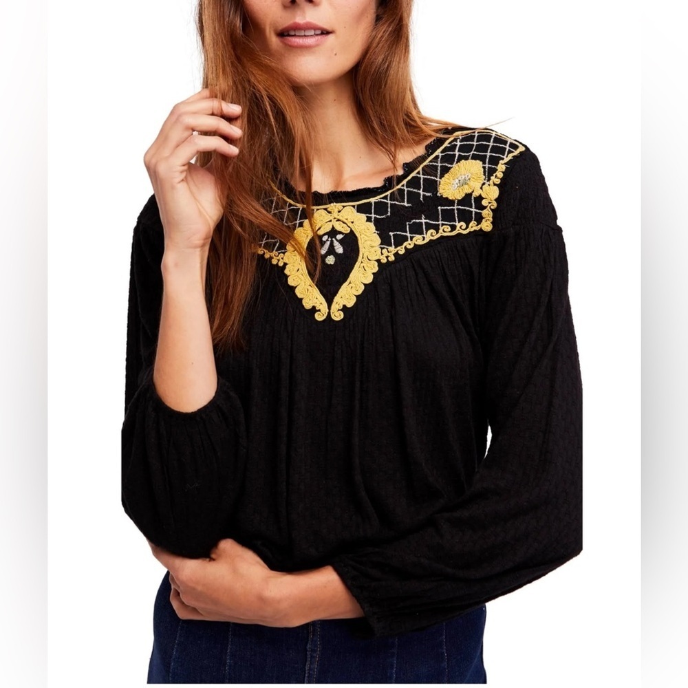 Free people black yellow embroidered begonia peasant top medium